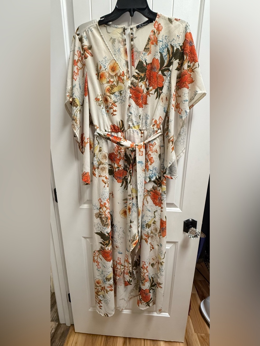 Simplee Cream Floral Crane Kimono Sleeve Belted Boho Maxi Dress Size S